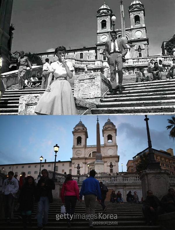 영화 ‘로마의 휴일’의 한 장면, 로마의 스페인광장(Piazza di Spagna)에서 아이스크림을 먹는 앤 공주(오드리햅번, 윗사진 왼쪽 하단)와 실제 스페인 광장의 전경.(사진=영화 ’로마의 휴일’)