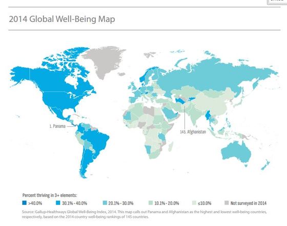 여론조사기관 갤럽이 집계한 2014 글로벌 웰빙 지도 © 출처:갤럽